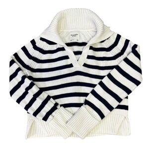 Abercrombie & Fitch‎ XS Sweater White Navy Striped Collar V Neck Preppy Knit Top